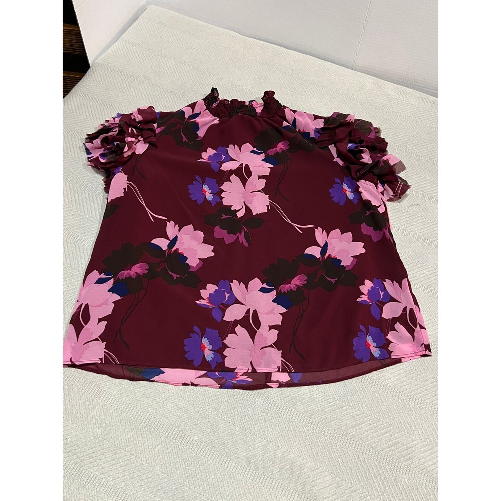 Liz Claiborne Ruffle Sleeve Burgundy Floral Blouse Women P Large Cottagecore